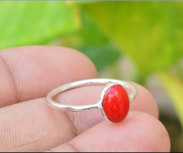Pure Sri Lankan Red Coral (Moonga) 925 Silver Ring