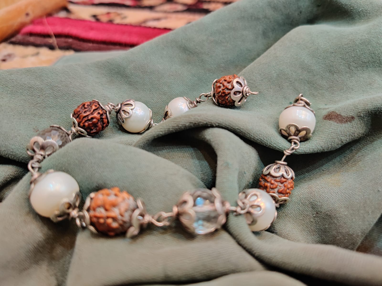 Laxmi Chandra Bracelet Kavach with Billaur Mani, Pure Pearls & Rudraksh (925 Silver)