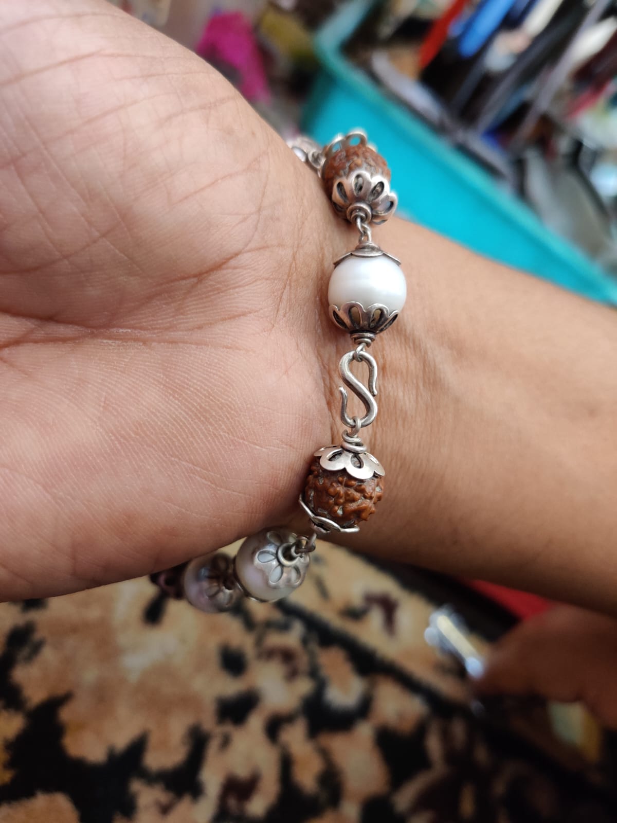 Laxmi Chandra Bracelet Kavach with Billaur Mani, Pure Pearls & Rudraksh (925 Silver)