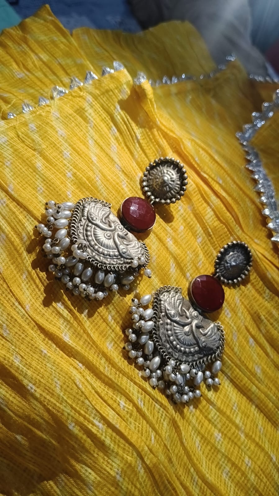 Pure Rare Red Ruby Ear Drops Kavach in Antique Silver with Natural Pearls (Saccha Moti)