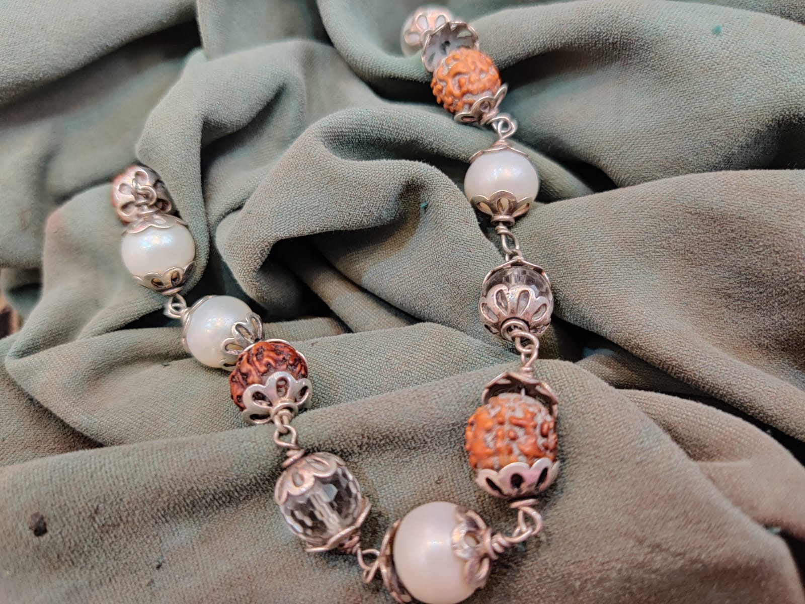 Laxmi Chandra Bracelet Kavach with Billaur Mani, Pure Pearls & Rudraksh (925 Silver)