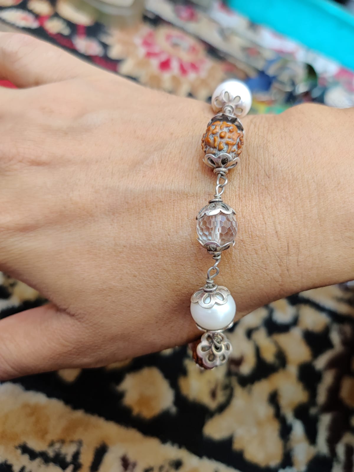 Laxmi Chandra Bracelet Kavach with Billaur Mani, Pure Pearls & Rudraksh (925 Silver)